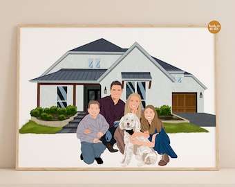 Gepersonaliseerd huisportret, familieportret met huis, nieuw huiscadeau, housewarmingcadeau, gepersonaliseerd cadeau, huisportret van foto