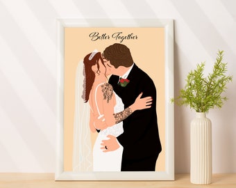 Retrato de boda personalizado, regalo de boda personalizado, ilustración sin rostro, retrato de dibujos animados de la foto, regalo de aniversario para él