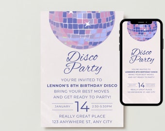 Disco Birthday Party Editable Invitation, Birthday Party Evite, Text Invitation, Disco Party, Electronic Invite, Digital Invitation