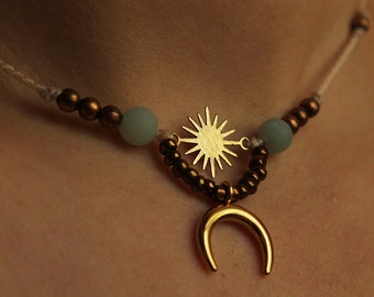 Macrame necklace with healing stone beads ⫸ delicate boho choker ⫸ sun and moon pendant