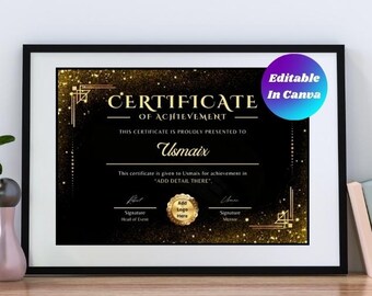 Plantilla de certificado de finalización imprimible, certificado de capacitación editable, certificado de curso, diseño de plantilla Canva, descarga instantánea