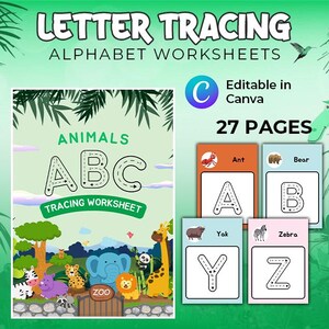 Könnte beinhalten: Ein farbenfrohes Alphabet-Übungsbuch zum Nachzeichnen für Kinder mit Tieren. Das Arbeitsbuch hat 27 Seiten und ist in Canva bearbeitbar. Das Cover zeigt eine Dschungelszene mit Tieren wie Elefanten, Giraffen und Affen. Das Arbeitsbuch beinhaltet das Nachzeichnen der Buchstaben A bis Z mit gepunkteten Linien.