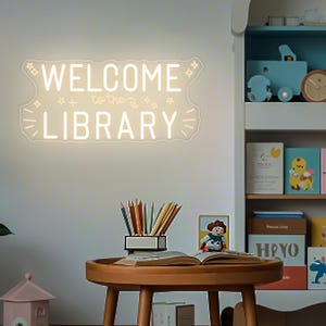 Welcome To The Library Neon Sign, Classroom Door Hanger, Classroom Decor, Teacher Christmas Gift, Book Club Neon Light, Bookshelf Wall Art