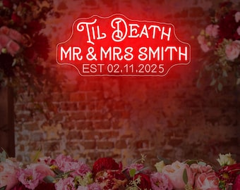 Nom de couple personnalisé jusqu'à la mort, enseigne au néon de mariage gothique, enseigne de mariage personnalisée gothique, décoration de mariage cadeau romantique sombre, cadeaux de mariage pour couple