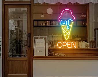 Ice Cream Open Neon Sign,Ice Cream Cone Neon Sign,Open LED Neon Light,Neon Dessert Sign,Food Shop Neon Art,Signage Gift for Opening