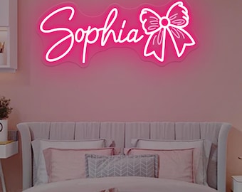 Custom Bow Name Neon Sign,Pink Bow Neon Sign,Pink Trendy Wall Art,Girl's y2k Room Decor,Personalized Bow Name Decor,Girly Nursery Wall Decor