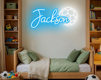 Custom Soccer Name Neon Sign, Boy's Bedroom Nursery Name LED Neon Light, Football Sports Birthday Party Decor, Soccer Gift, Birthday Gifts