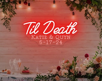 Nom personnalisé jusqu'à la mort, toile de fond de mariage jusqu'à la mort, néon de mariage gothique personnalisé, décoration murale gothique, cadeau de la Saint-Valentin, cadeaux pour couple