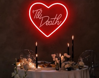 Enseigne au néon Til Death Heart, enseigne au néon de toile de fond de mariage, décoration d'intérieur gothique, cadeau d'anniversaire, enseigne de mariage gothique, enseigne de mariage sur le thème gothique