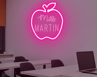 Custom Teacher Name Neon Sign For Classroom, Apple Shape Teacher Name Sign, Classroom Apple Decor, Teacher Welcome Sign Door LED Hanger sign