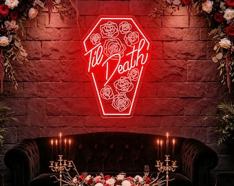 Til Death Roses Coffin Neon Sign Wedding Party Backdrop,Gothic Wedding Neon Sign Decor,Gifts for Couple,Goth Home Wall Decor