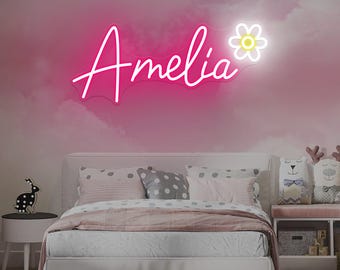 Custom Daisy Flower Name LED Neon Sign, Personalized Kid's Bedroom Nursery Girl Room Neon Light Wall Decor, Gift For Kids, Christmas Gift