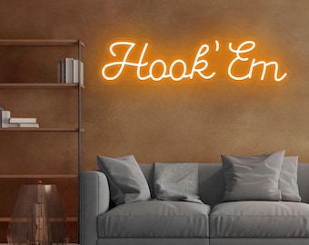 Hook 'Em Neon Sign,Texas Longhorn Wall Sign,Texas Wall Decor,Western Livingrooom Wall Art, Gift for Dad Husband,Man cave decor,Gift for Him