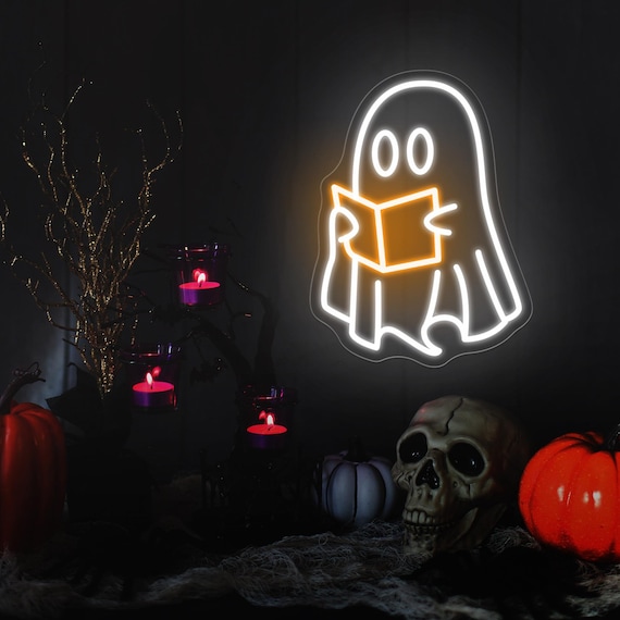 Ghosts Reading Neon Sign,Spooky Halloween Ghost Sign, Funny Ghosts  Neon Sign,Library Wall Decor, Halloween Party Decor, Book Lover Gift