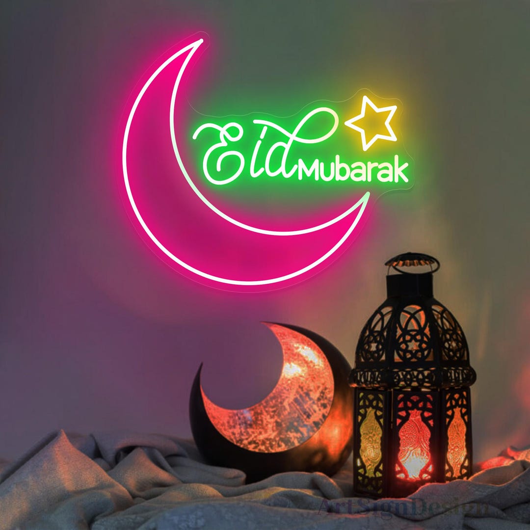 Eid Mubarak Moon Neon Sign, Custom Eid Mubarak Banner LED Neon Light ...