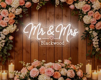 Custom Mr & Mrs Surname Neon Sign ,Wedding Party Backdrop LED Light,Personalized Couple Gift for Flower Wall Photo Booth Reception Decor