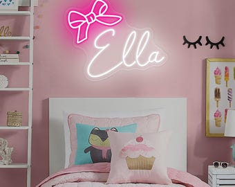 Custom Bow Name Neon Sign for Kid ,Pink Bow LED Name Neon Girl's Room Sign,Nursery Dorm Home Wall Decor,Birthday Party Gift,Christmas Gifts