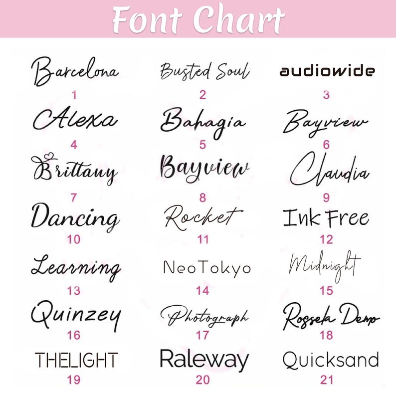 May include: A chart with 21 different font styles, each with a number and a name. The fonts are displayed in black on a white background.