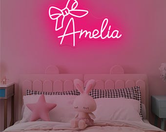 Custom Bow Name Neon Sign for Kid ,Pink Bow LED Name Neon Girl's Room Sign,Nursery Dorm Home Wall Decor,Birthday Party Gift,Christmas Gifts