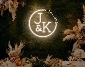 Custom Initials Name With Date Neon Sign,Minimalist Wedding Initials Round Shape Sign,Last Name Sign,Wedding Party Backdrop,Wedding Gifts