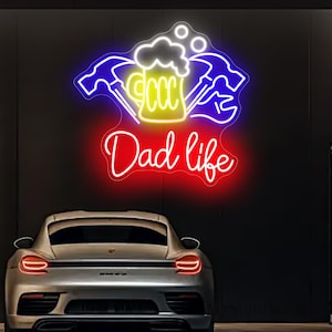 Dad Life Enseigne néon personnalisée Dad Man Cave Néon LED Atelier de papa Enseigne de garage Bière fraîche et outils Enseigne néon, cadeaux pour la fête des pères