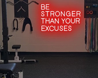 Letrero de neón LED "Sé más fuerte que tus excusas": decoración motivacional para gimnasio, luz de neón para pared de gimnasio, regalo de Navidad para hombres.
