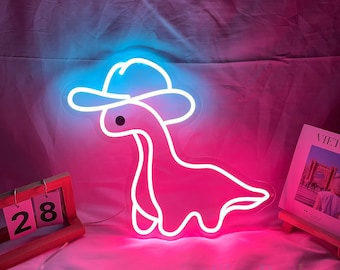 Cowboy dinosaur neon sign, Cowboy Hat Neon Sign, Christmas Gifts, Dinosaur wall art, Personalized Gifts, Kids Room Bedroom Neon Sign