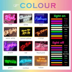 May include: A chart showing different neon sign colors with examples of signs in each color. The colors include pink, white, blue, warm white, lemon yellow, orange, purple, red, peach pink, green, ice blue, and yellow. The chart also shows the colors of the signs when they are turned on and off.