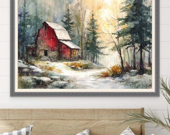 Red Barn Winter Wall Art Print – Rustic Farmhouse Snowy Landscape Painting – Cozy Country Cabin Decor – Christmas Woods Home Decor