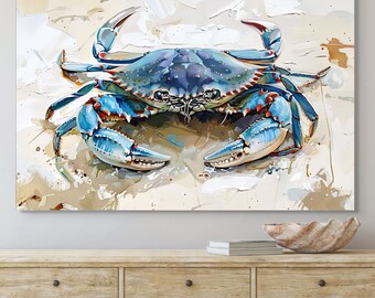 Blue Crab Oil Painting Style Wall Art, Coastal Beach Decor, Nautical Marine Life, Ocean Animal Artwork, Seaside Home Decor