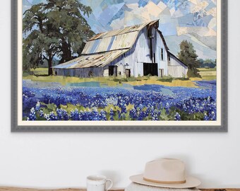 May include: Framed artwork depicting a white barn with a weathered roof, set against a backdrop of bluebonnets and a blue sky. A large tree stands to the left. The artwork is framed in a gray border.