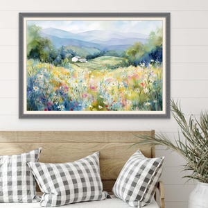 Stampa artistica di White Barn Meadow - Paesaggio di campo di fiori selvatici, decorazione murale per fattoria, Great Smoky Mountains Blue Ridge Parkway