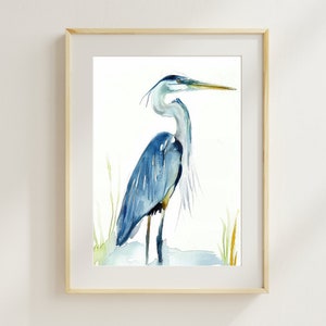 Blue Heron Watercolor Painting, Handcrafted Sea Bird Artwork, Nautical Coastal Home Decor, Bird Lover Gift, Fine Art Watercolor, Beach House