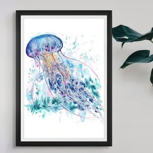 Vibrant Jellyfish Wall Art Print – Coastal Ocean Animal Decor for Beach House, Watercolor Style Jellyfish Artwork, Sea Life Illustration