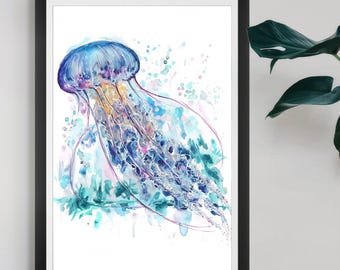 Vibrant Jellyfish Wall Art Print – Coastal Ocean Animal Decor for Beach House, Watercolor Style Jellyfish Artwork, Sea Life Illustration