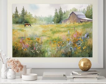 May include: Watercolor painting of a rural landscape featuring a barn, a horse grazing in a field, and colorful wildflowers. The artwork is framed in a white mat and frame. The painting is displayed on a white table with decorative items.