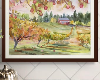 Wall Art Apple Orchard Landscape Autumn Farm Scene with Red Barn and Harvest Trees