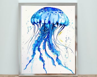 Blue Jellyfish Watercolor Painting - Beach Home Wall Art, Coastal Decor Jelly Fish Artwork, Nautical Print, Seaside 30A