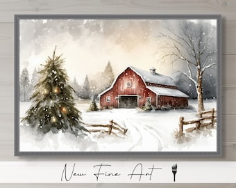 Op de afbeelding: Een aquarel van een rode schuur met een besneeuwd dak in een winterlandschap. Op de voorgrond staat een kerstboom met lichtjes, en in de verte is een houten hek te zien.