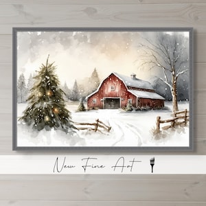 Festive Christmas Barn Art, Winter, Rustic Print, Red Barn, Country Landscape, Watercolor, Holiday Art, Museum Quality Canvas or Art Print