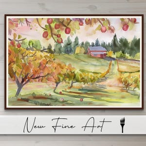 Apple Orchard Landscape Wall Art – Fall Country Farmhouse Decor, Red Barn Autumn Field Painting, Rustic Harvest Tree Artwork Print