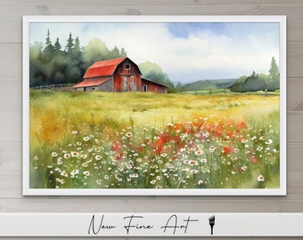 Op de afbeelding: Waterverf schilderij van een rode schuur in een veld vol wilde bloemen. De schuur heeft een rood dak en witte muren. Het veld is gevuld met witte en rode bloemen. De lucht is blauw met witte wolken.