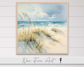 May include: A watercolor painting of a beach scene with tall grasses in the foreground and a blue ocean in the background. The sky is a light blue with white clouds.