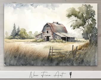 Watercolor Barn Wall Art, Farmhouse, Landscape, Countryside, Neutral, Country Art, Homestead, Museum Quality Canvas or Print