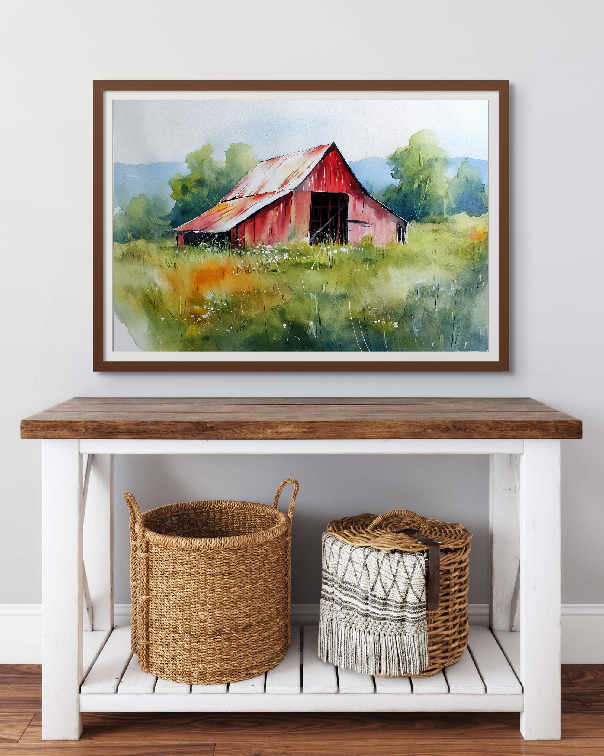 Rustic Red Barn Art Print – Watercolor Farmhouse Wall Decor, Country ...
