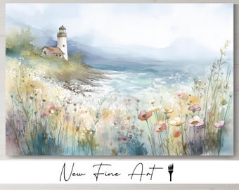 May include: Watercolor painting of a coastal scene featuring a lighthouse, ocean, and wildflowers. The artwork has a soft, dreamy quality with pastel colors. The text "New Fine Art" is at the bottom.