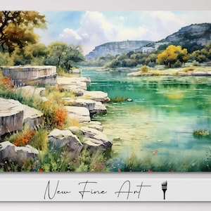 Texas Hill Country River Watercolor, Landscape Wall Art, Limestone, Southwest Scenery, Austin Texas, Museum Quality Canvas or Art Print