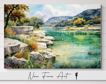 Texas Hill Country River Watercolor, Landscape Wall Art, Limestone, Southwest Scenery, Austin Texas, Museum Quality Canvas or Art Print