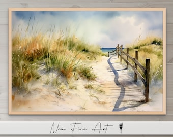 May include: A watercolor painting of a wooden walkway leading to the beach. The path is lined with a wooden fence and surrounded by tall grass. The sky is a light blue with white clouds.