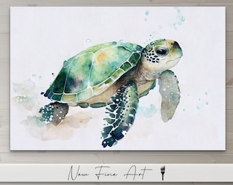 May include: Watercolor painting of a green sea turtle swimming in the ocean. The turtle is painted in a realistic style with detailed scales and a gentle expression. The background is a soft blue with white splashes of paint.
